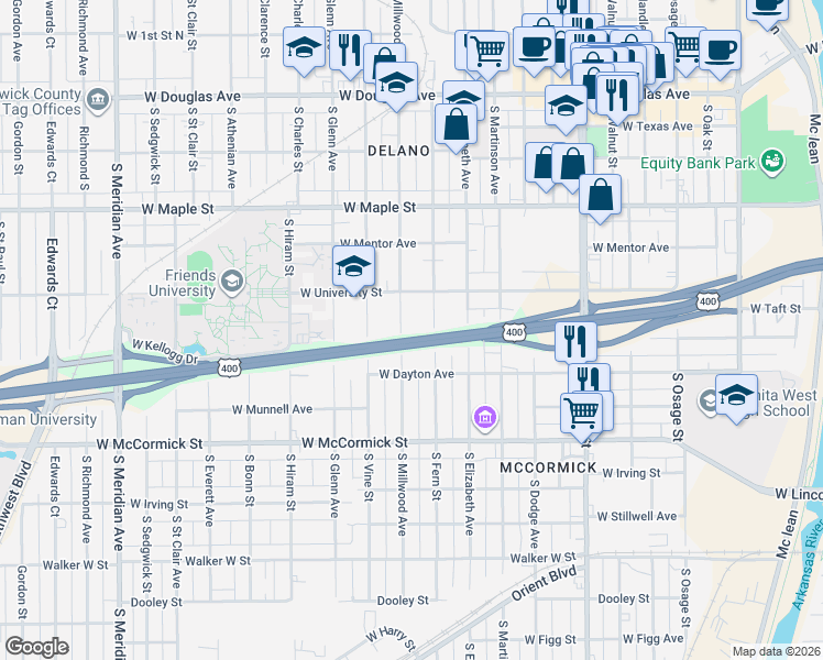 map of restaurants, bars, coffee shops, grocery stores, and more near 625 South Fern Street in Wichita