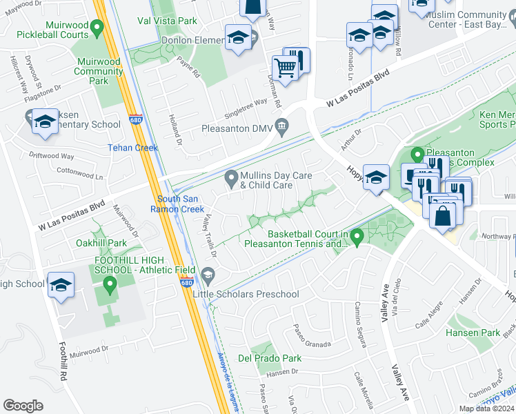 map of restaurants, bars, coffee shops, grocery stores, and more near 3635 Platt Court South in Pleasanton
