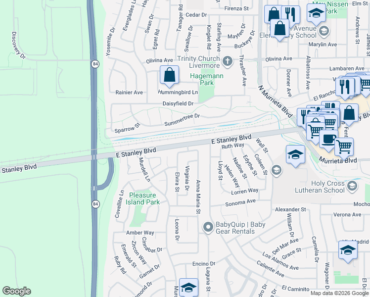 map of restaurants, bars, coffee shops, grocery stores, and more near 422 Robert Way in Livermore