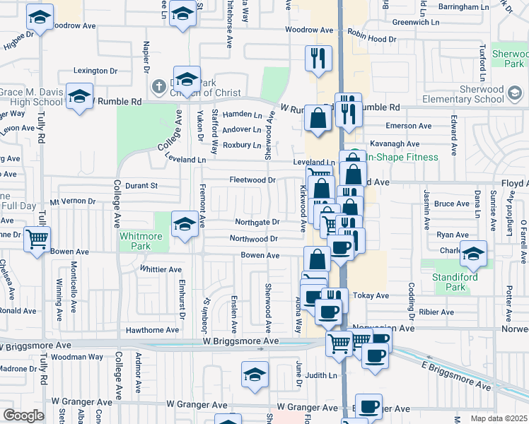 map of restaurants, bars, coffee shops, grocery stores, and more near 2405 Sherwood Avenue in Modesto