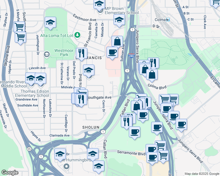 map of restaurants, bars, coffee shops, grocery stores, and more near 1551 Southgate Avenue in Daly City