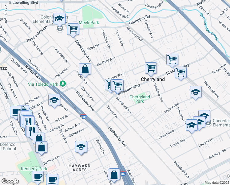 map of restaurants, bars, coffee shops, grocery stores, and more near 19884 Meekland Avenue in Hayward