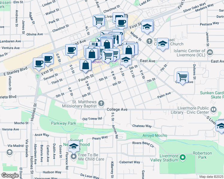 map of restaurants, bars, coffee shops, grocery stores, and more near 615 South K Street in Livermore