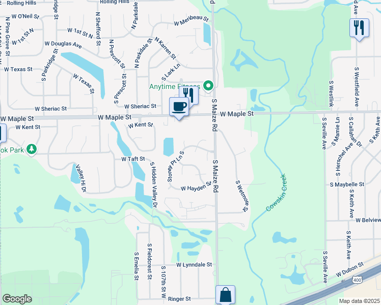 map of restaurants, bars, coffee shops, grocery stores, and more near 10501 University Court in Wichita