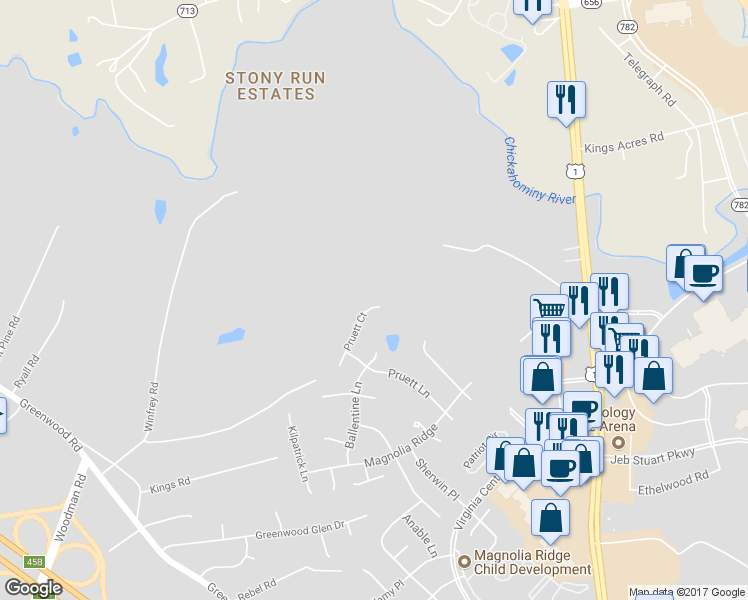 map of restaurants, bars, coffee shops, grocery stores, and more near 2053 Pruett Court in Glen Allen