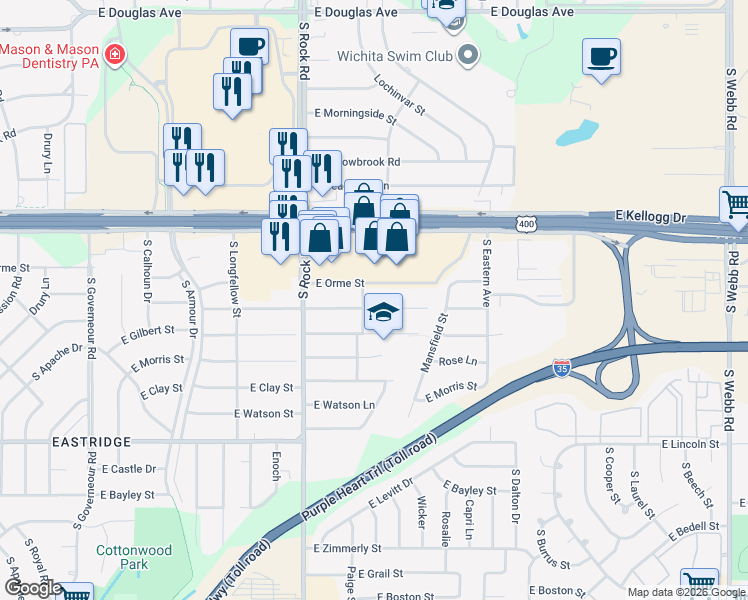 map of restaurants, bars, coffee shops, grocery stores, and more near 600-646 South Eastmoor Street in Wichita