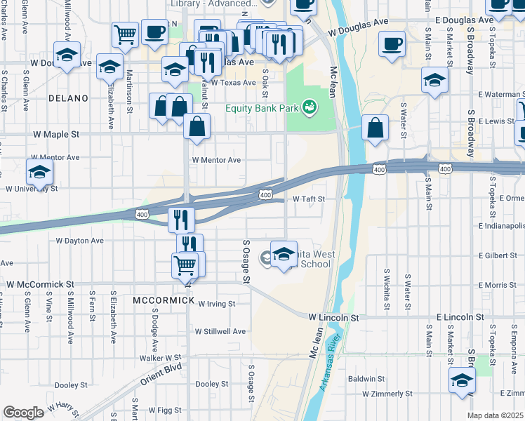 map of restaurants, bars, coffee shops, grocery stores, and more near 738 Hendryx in Wichita