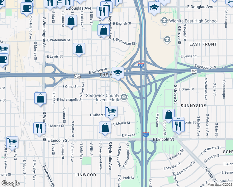 map of restaurants, bars, coffee shops, grocery stores, and more near 610 South Hydraulic Avenue in Wichita