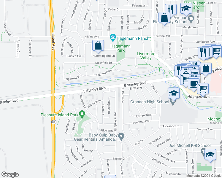 map of restaurants, bars, coffee shops, grocery stores, and more near 422 Robert Way in Livermore