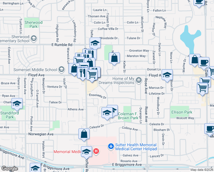 map of restaurants, bars, coffee shops, grocery stores, and more near 1420 Chapala Way in Modesto
