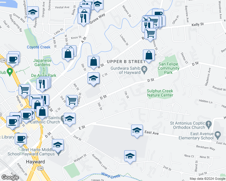 map of restaurants, bars, coffee shops, grocery stores, and more near 1624 D Street in Hayward