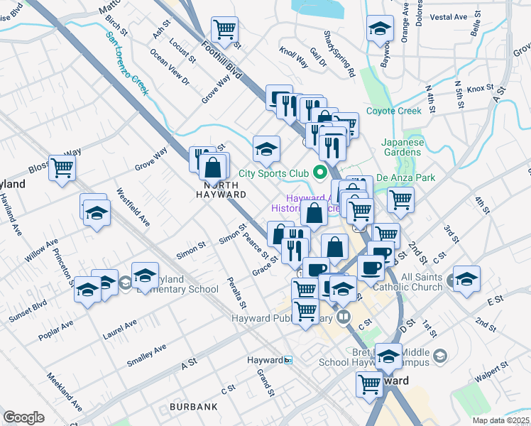 map of restaurants, bars, coffee shops, grocery stores, and more near 22205 Prospect Street in Hayward