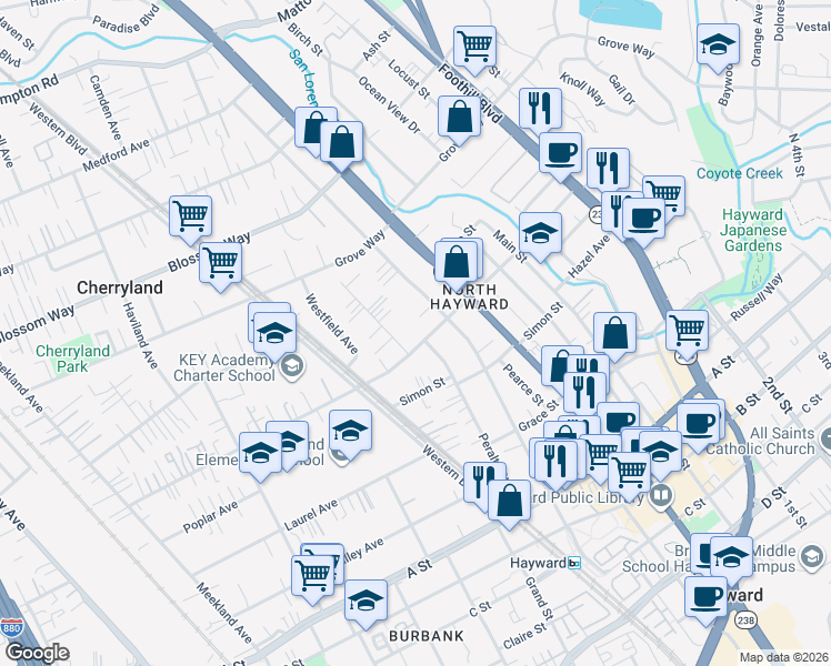 map of restaurants, bars, coffee shops, grocery stores, and more near 760 Sunset Boulevard in Hayward
