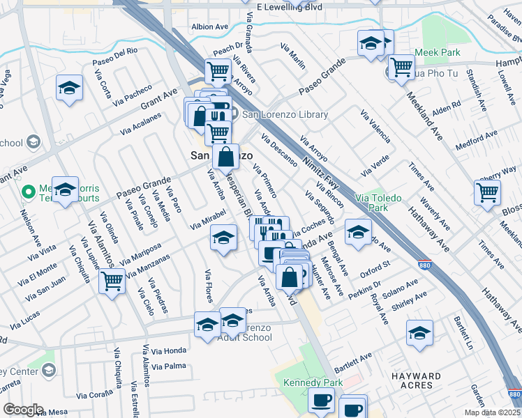 map of restaurants, bars, coffee shops, grocery stores, and more near 17004 Via Andeta in San Lorenzo