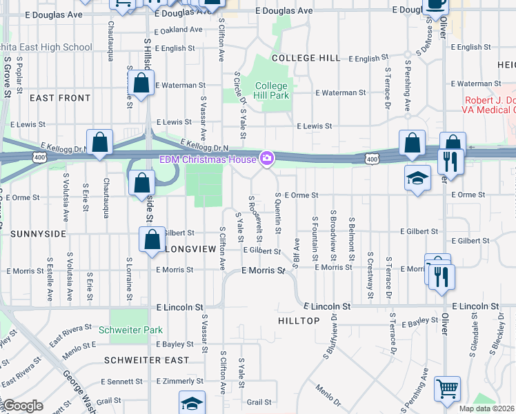 map of restaurants, bars, coffee shops, grocery stores, and more near 575 South Quentin Street in Wichita