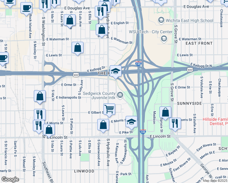 map of restaurants, bars, coffee shops, grocery stores, and more near 610 South Hydraulic Avenue in Wichita