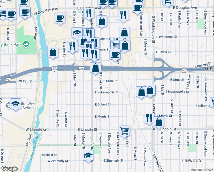 map of restaurants, bars, coffee shops, grocery stores, and more near 809 South Emporia Street in Wichita