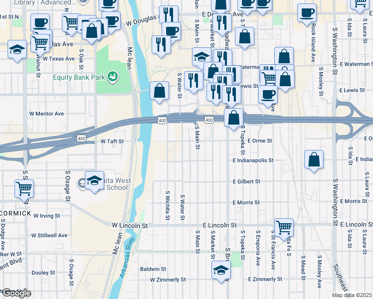 map of restaurants, bars, coffee shops, grocery stores, and more near 813 South Water Street in Wichita