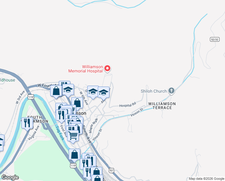 map of restaurants, bars, coffee shops, grocery stores, and more near County Highway 52/31 in Williamson