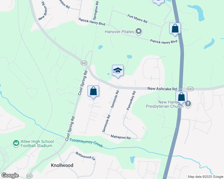 map of restaurants, bars, coffee shops, grocery stores, and more near 8299 New Ashcake Road in Mechanicsville