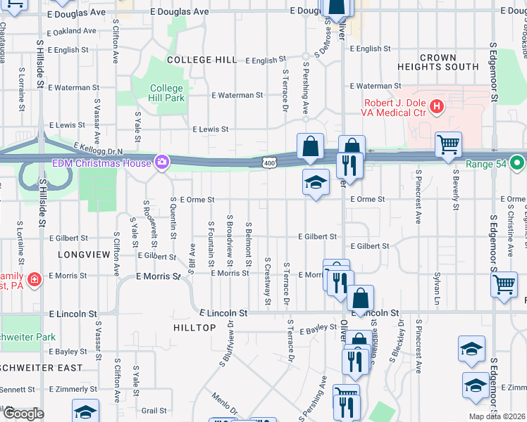 map of restaurants, bars, coffee shops, grocery stores, and more near 617 South Crestway Street in Wichita
