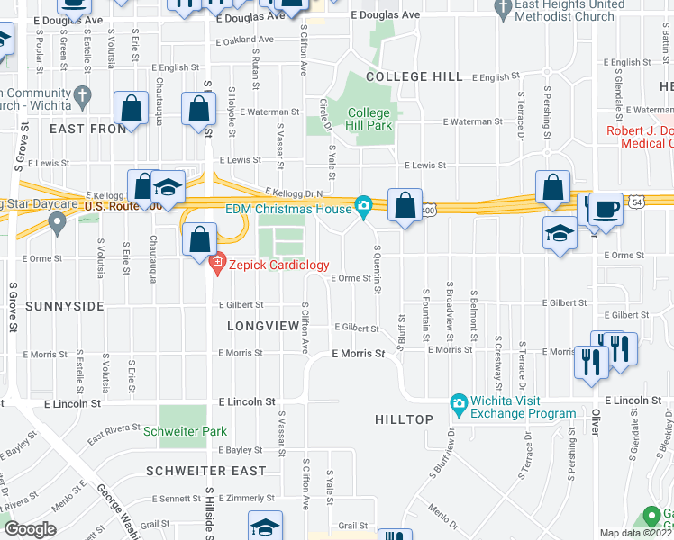 map of restaurants, bars, coffee shops, grocery stores, and more near 571 South Roosevelt Street in Wichita