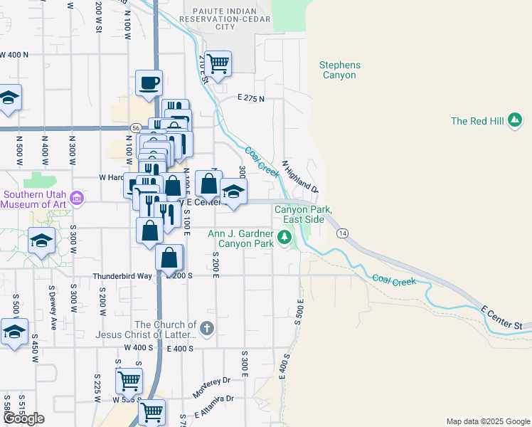 map of restaurants, bars, coffee shops, grocery stores, and more near 26 South 400 East in Cedar City