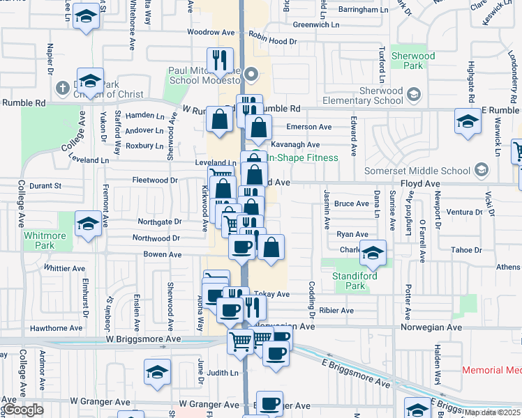 map of restaurants, bars, coffee shops, grocery stores, and more near 183 Sheila Court in Modesto