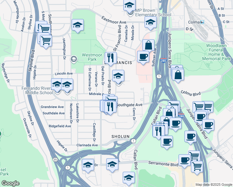 map of restaurants, bars, coffee shops, grocery stores, and more near 4 Cerro Drive in Daly City