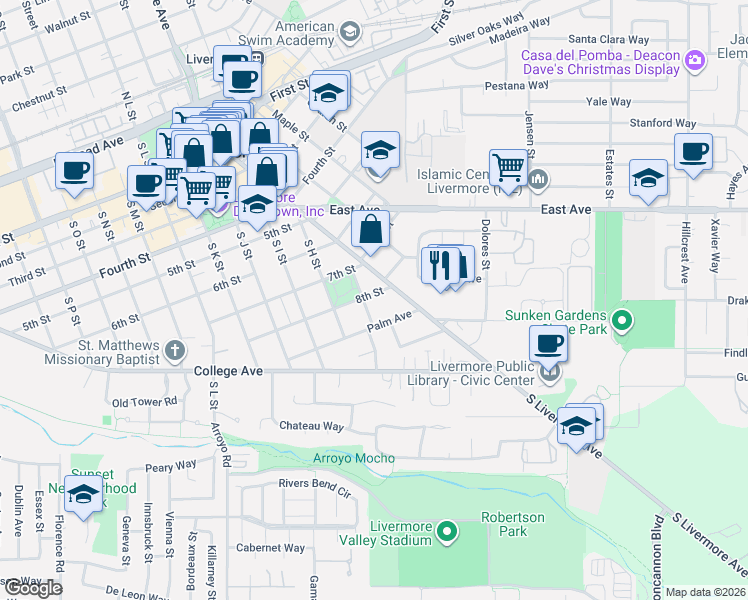map of restaurants, bars, coffee shops, grocery stores, and more near 2466 8th Street in Livermore