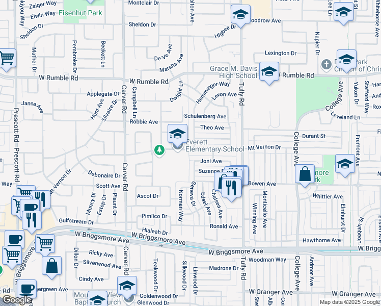 map of restaurants, bars, coffee shops, grocery stores, and more near 1506 Mount Vernon Drive in Modesto