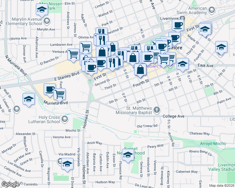 map of restaurants, bars, coffee shops, grocery stores, and more near 1543 Fourth Street in Livermore