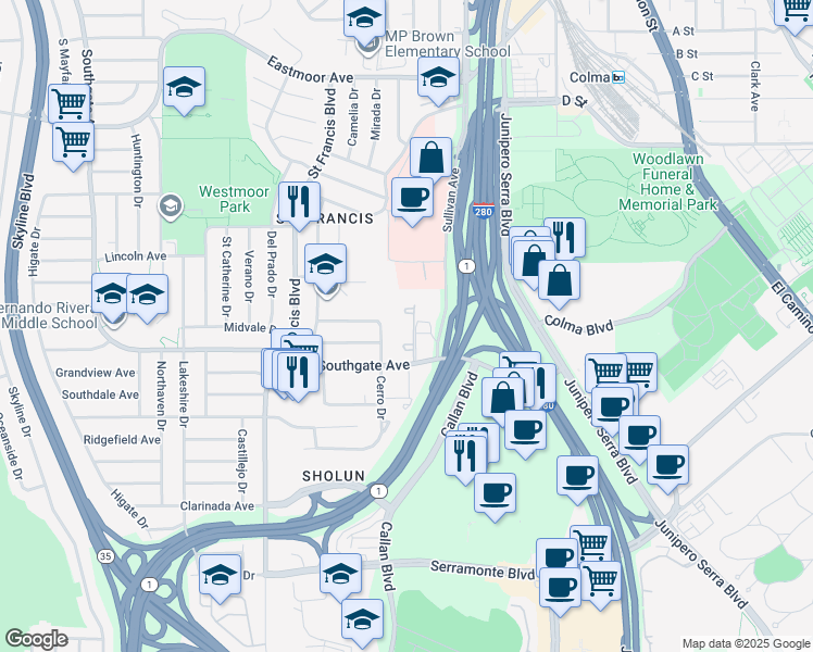 map of restaurants, bars, coffee shops, grocery stores, and more near 1551 Southgate Avenue in Daly City