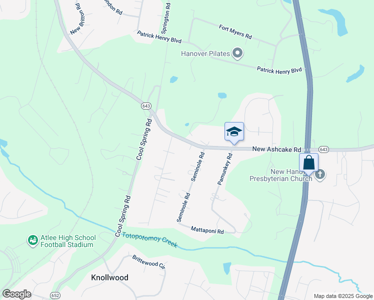map of restaurants, bars, coffee shops, grocery stores, and more near 8307 New Ashcake Road in Mechanicsville