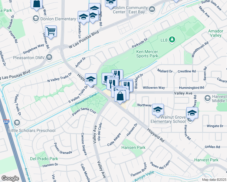 map of restaurants, bars, coffee shops, grocery stores, and more near 3037 Hopyard Road in Pleasanton