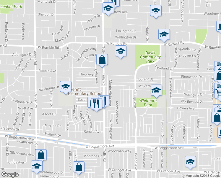 map of restaurants, bars, coffee shops, grocery stores, and more near 2373 Monte Vista Avenue in Modesto