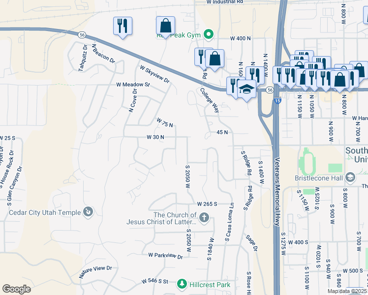 map of restaurants, bars, coffee shops, grocery stores, and more near 14 S 2050 W in Cedar City