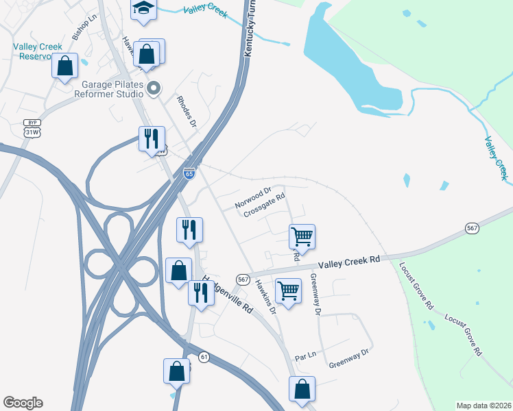 map of restaurants, bars, coffee shops, grocery stores, and more near 316-398 Crossgate Road in Elizabethtown