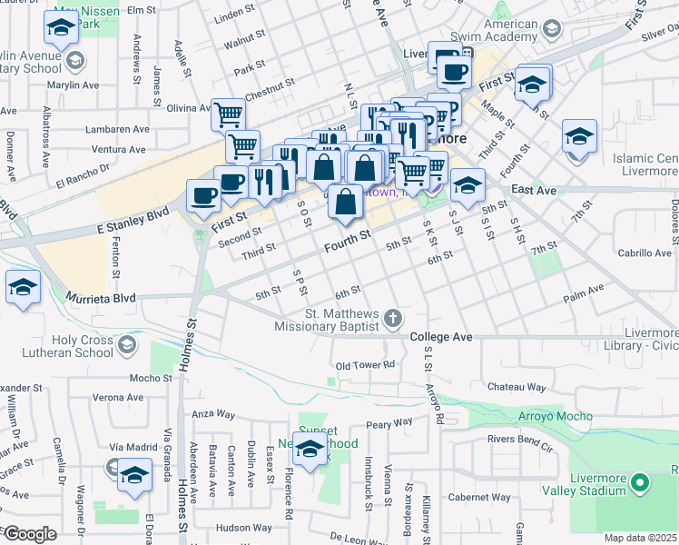map of restaurants, bars, coffee shops, grocery stores, and more near 1741 5th Street in Livermore