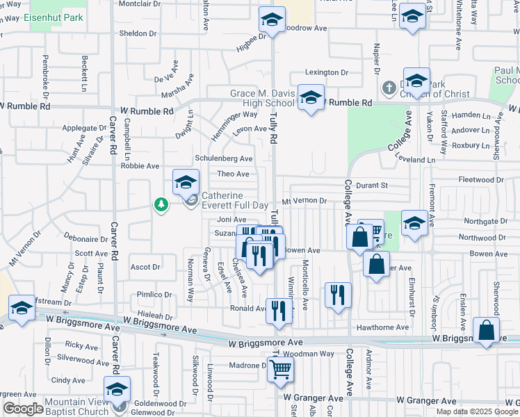 map of restaurants, bars, coffee shops, grocery stores, and more near 1310 Mount Vernon Drive in Modesto