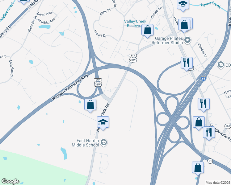 map of restaurants, bars, coffee shops, grocery stores, and more near 613-623 New Glendale Road in Elizabethtown