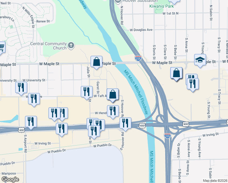 map of restaurants, bars, coffee shops, grocery stores, and more near 449 South Carlton Drive in Wichita