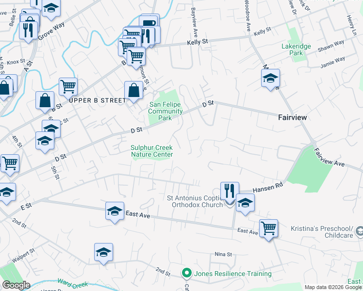 map of restaurants, bars, coffee shops, grocery stores, and more near 2052 Twin Creeks Place in Hayward