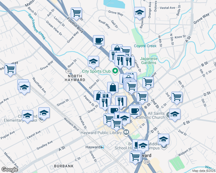 map of restaurants, bars, coffee shops, grocery stores, and more near 22237 Main Street in Hayward
