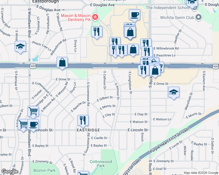 map of restaurants, bars, coffee shops, grocery stores, and more near 618 South Calhoun Street in Wichita