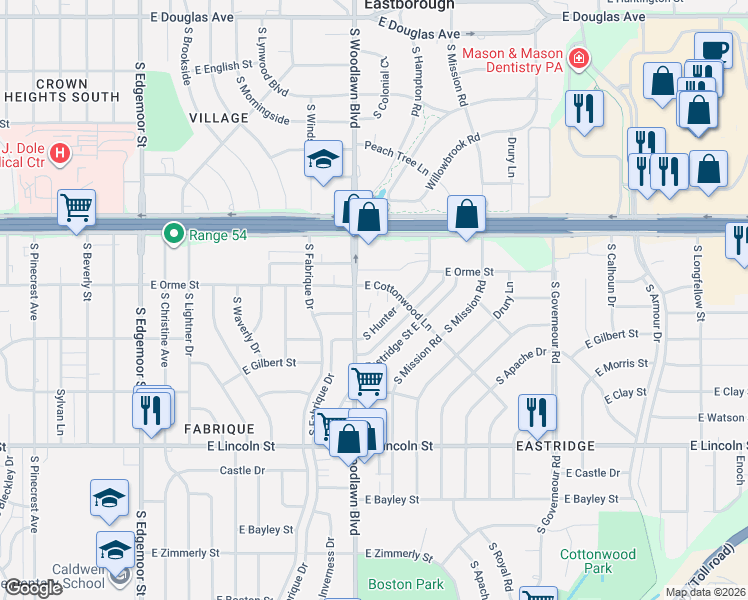 map of restaurants, bars, coffee shops, grocery stores, and more near 6417 East Cottonwood Lane in Wichita