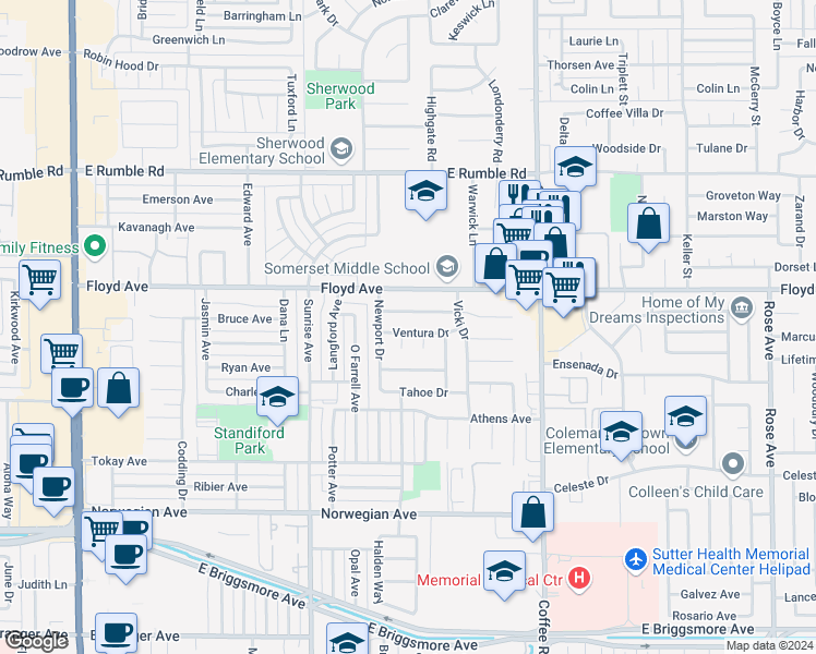 map of restaurants, bars, coffee shops, grocery stores, and more near 929 Ventura Drive in Modesto