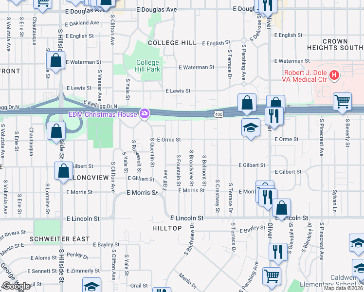 map of restaurants, bars, coffee shops, grocery stores, and more near 618 South Fountain Street in Wichita