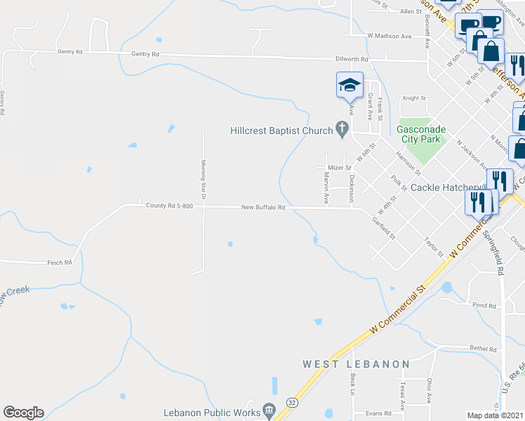 map of restaurants, bars, coffee shops, grocery stores, and more near 930 New Buffalo Road in Lebanon