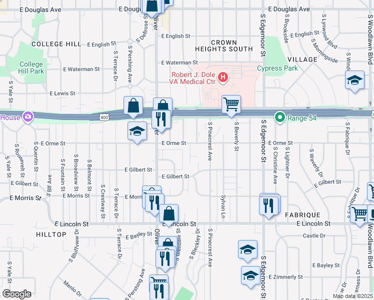 map of restaurants, bars, coffee shops, grocery stores, and more near 611 South Bleckley Drive in Wichita